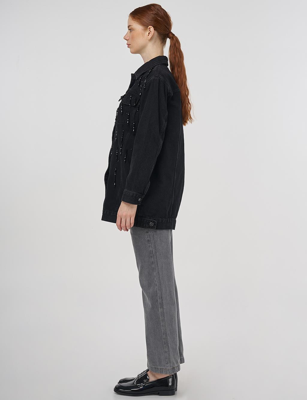 Bead Embroidered Denim Jacket in Black