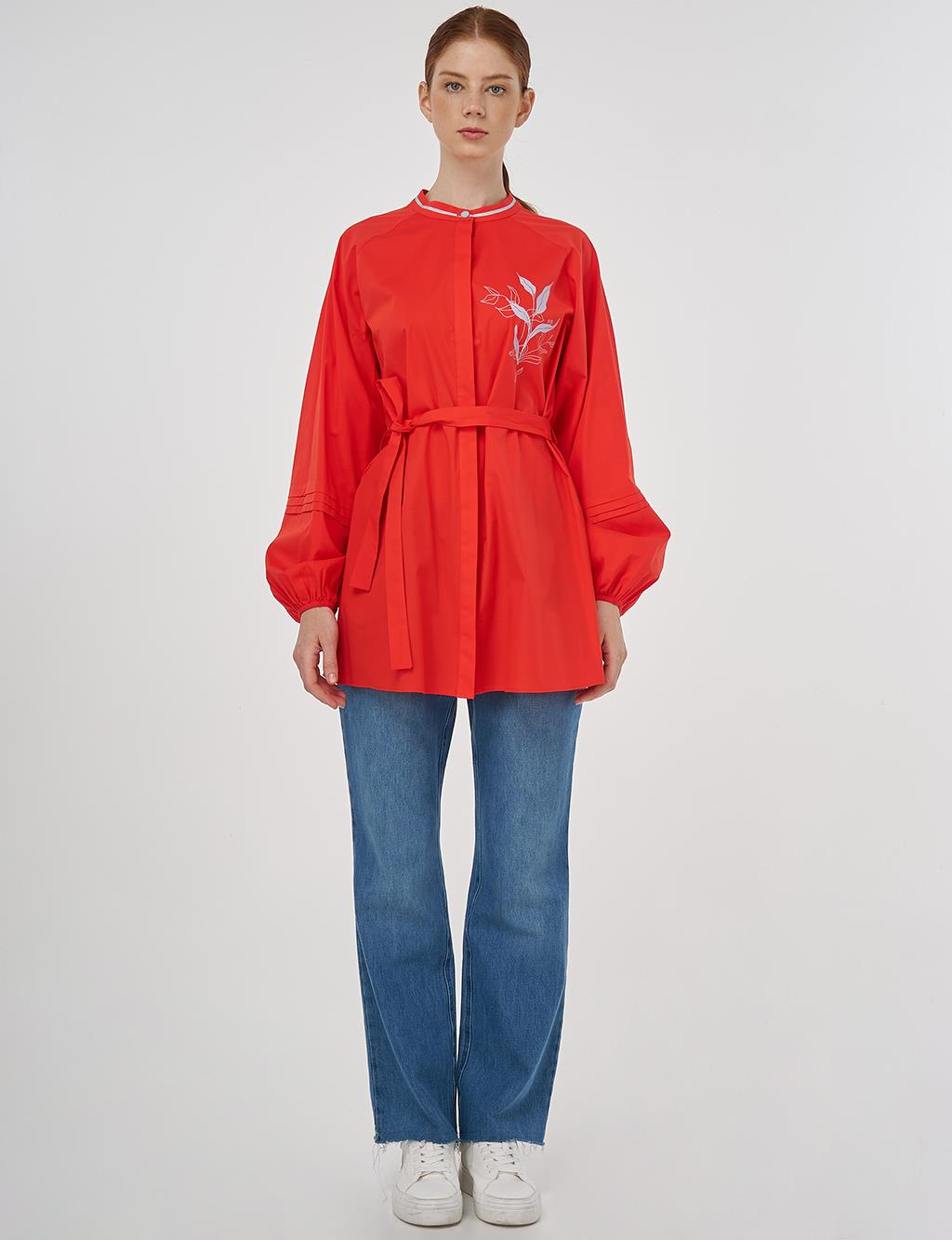 Ribbed Detailed Cotton Tunic Coral