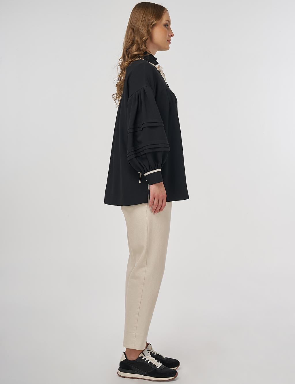 Pleated Detail Tie Blouse Black