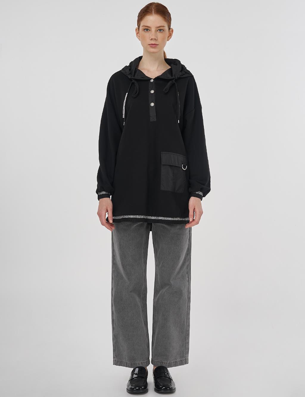 Shiny Stone Fabric Trimmed 3-Piece Sweatshirt Black