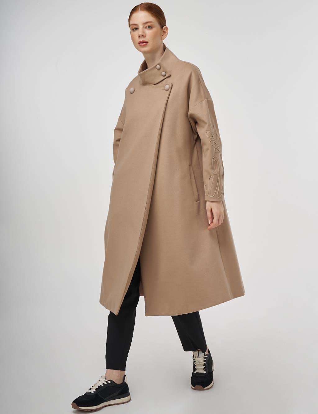 Stand Collar Wool Coat Beige