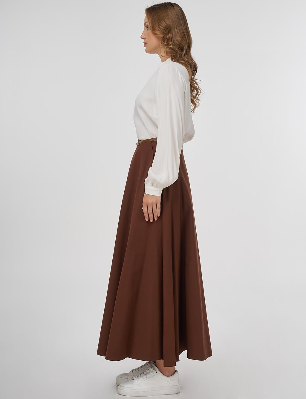 Piped Detail Flared Skirt Brown
