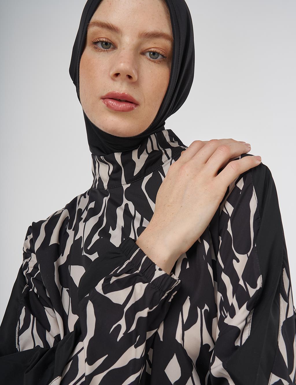 Abstract Pattern Hijab Swimsuit Black