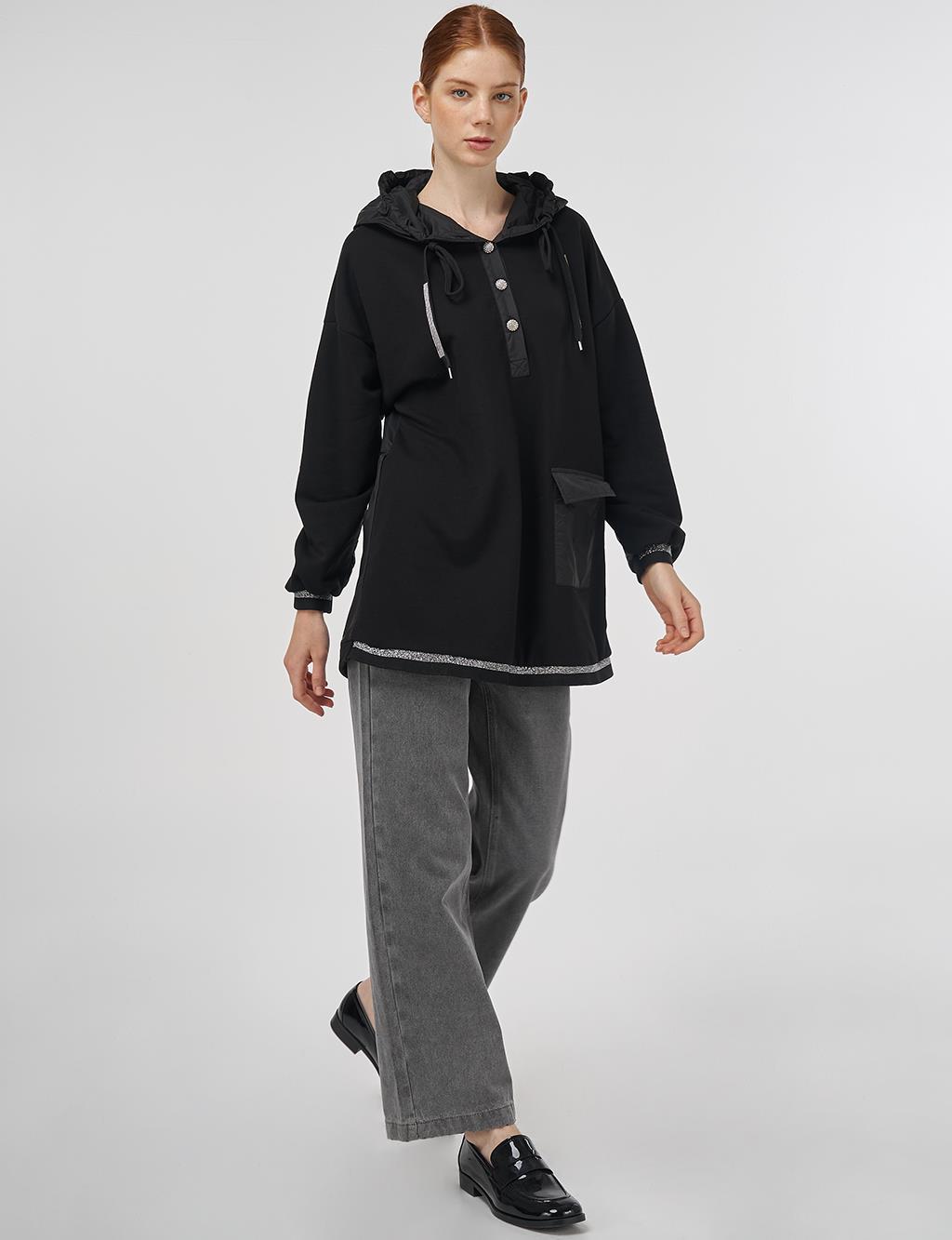 Shiny Stone Fabric Trimmed 3-Piece Sweatshirt Black