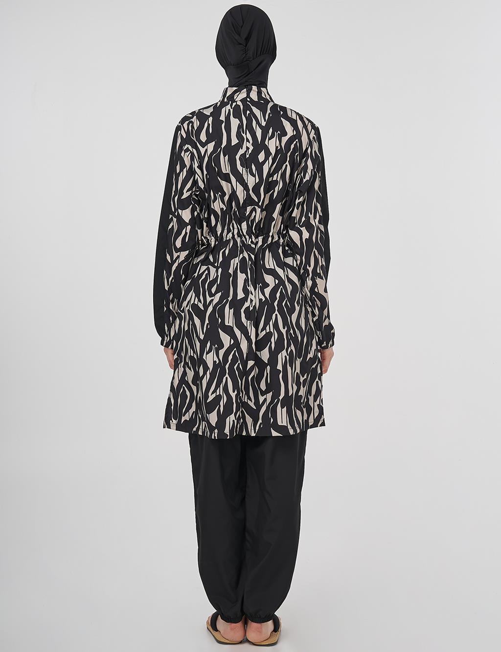Abstract Pattern Hijab Swimsuit Black