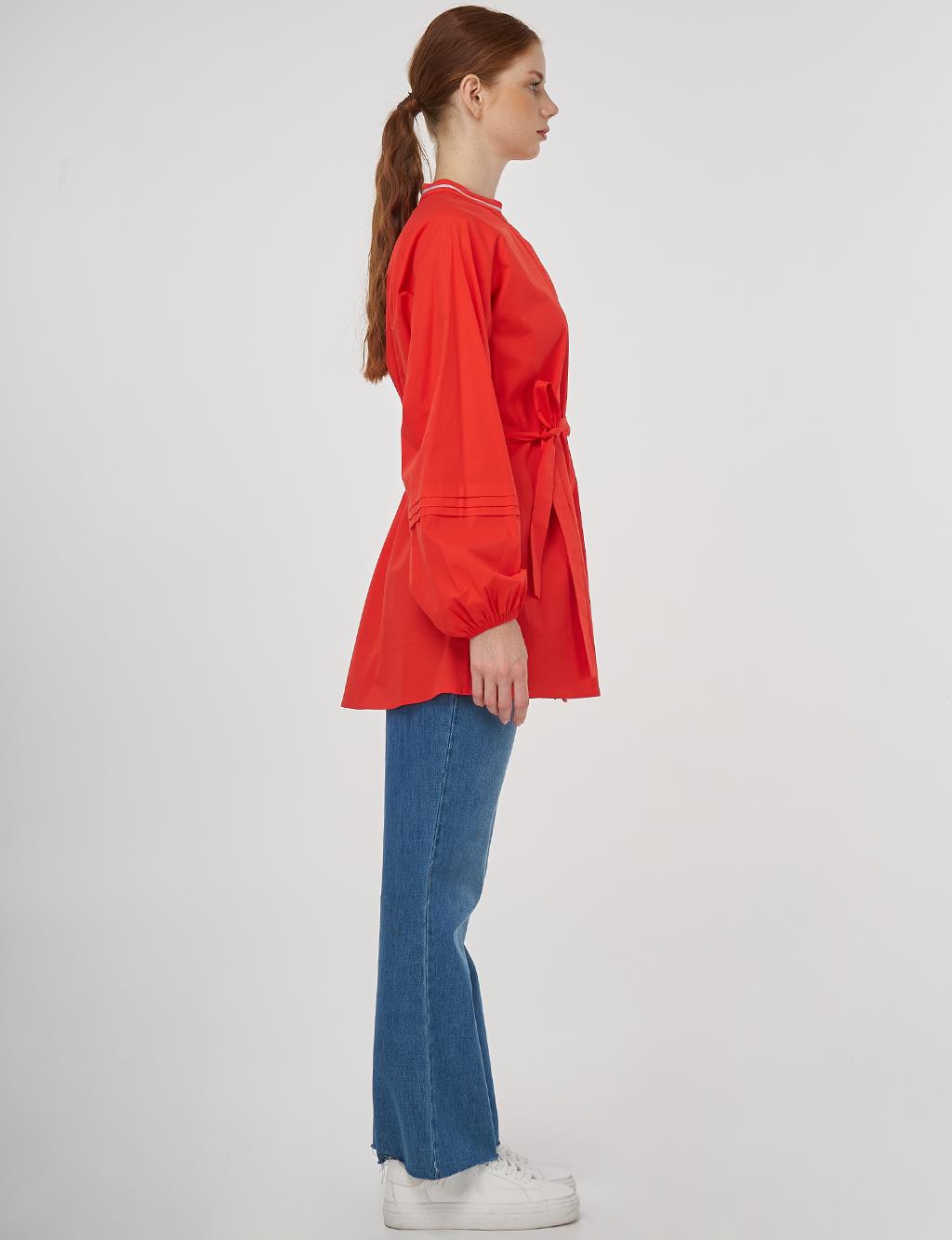 Ribbed Detailed Cotton Tunic Coral