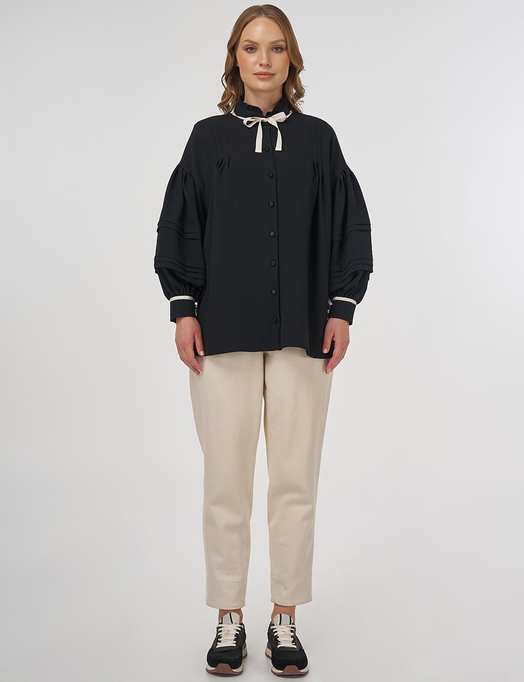 Pleated Detail Tie Blouse Black