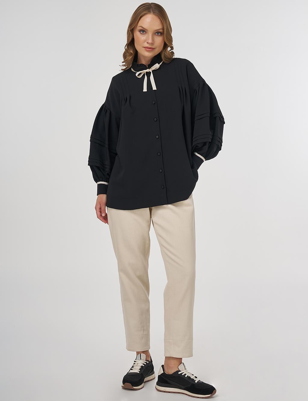Pleated Detail Tie Blouse Black