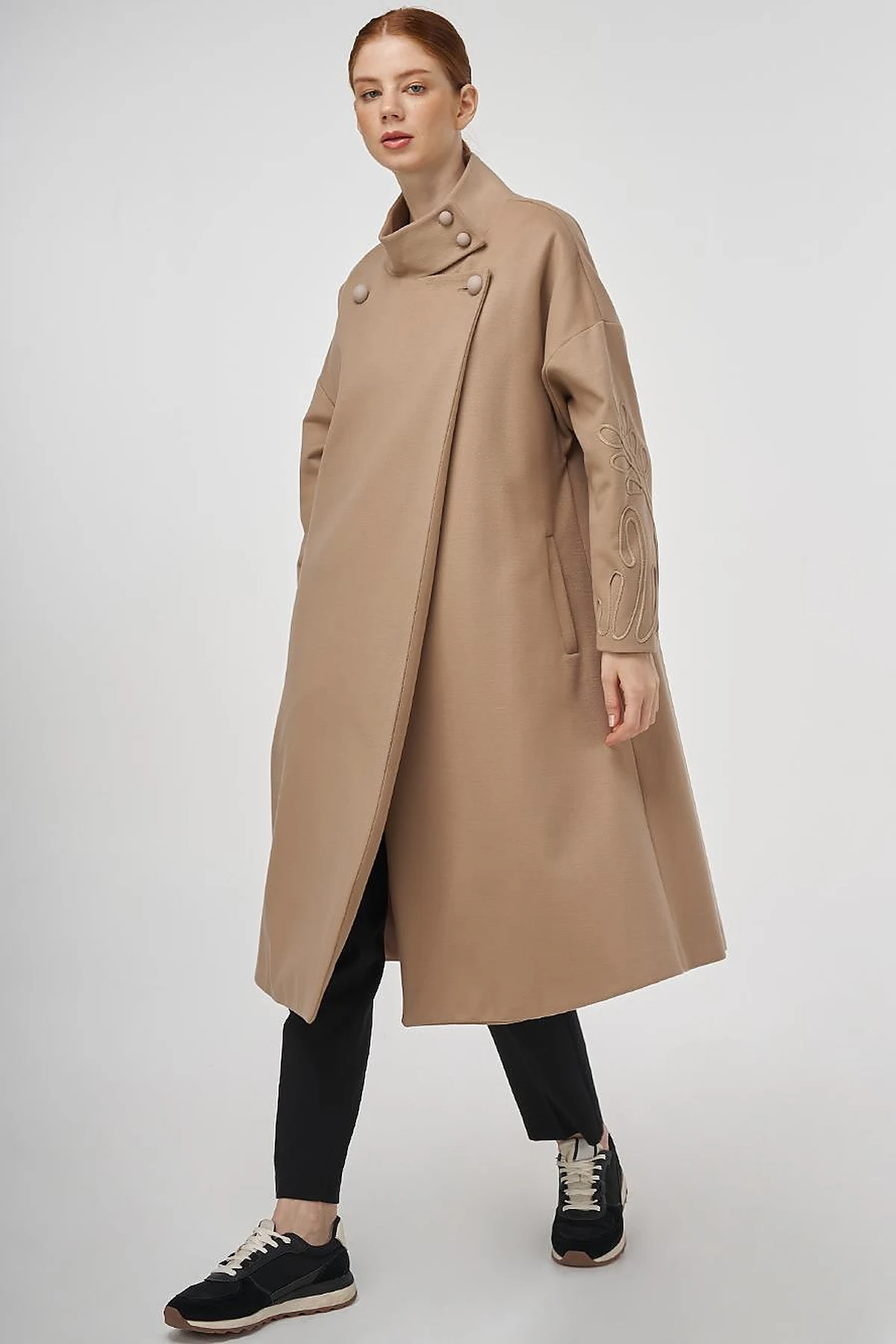 Buttoned Stand Collar Wool Blend Coat Beige