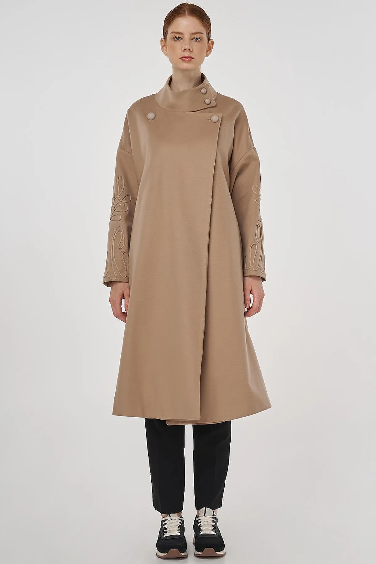 Buttoned Stand Collar Wool Blend Coat Beige
