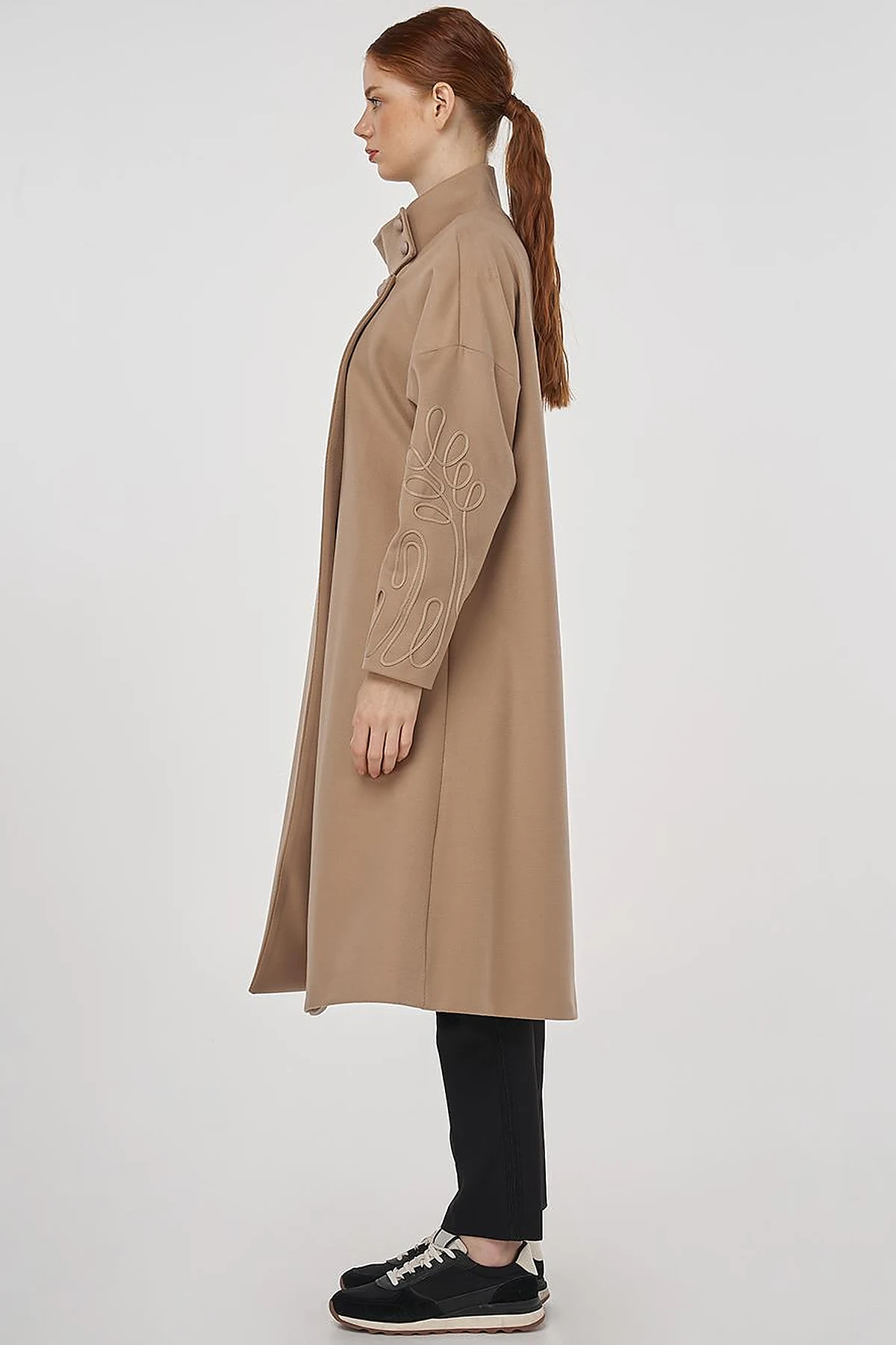 Buttoned Stand Collar Wool Blend Coat Beige