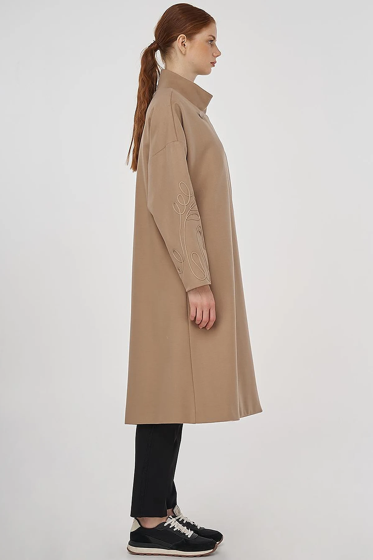 Buttoned Stand Collar Wool Blend Coat Beige