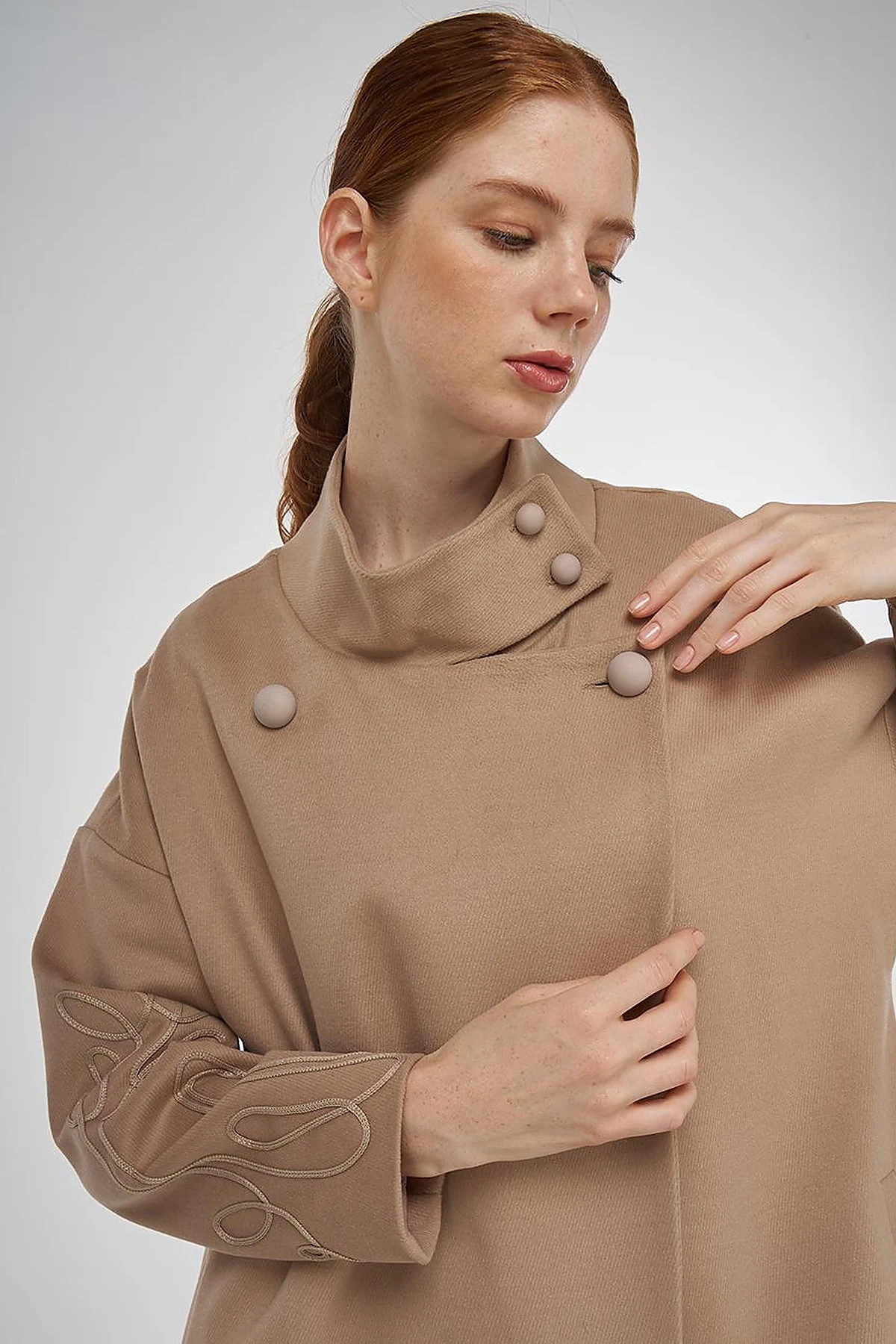 Buttoned Stand Collar Wool Blend Coat Beige