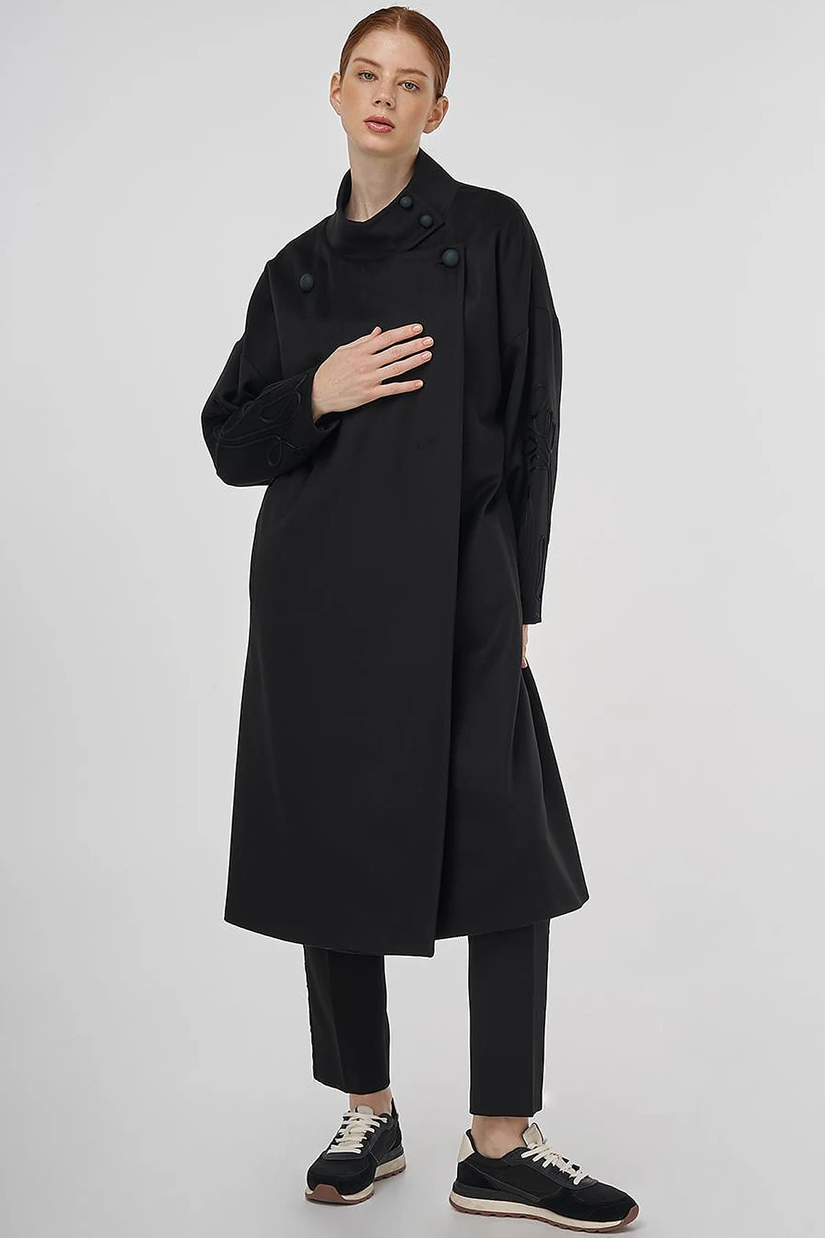 Buttoned Stand Collar Wool Blend Coat Black 