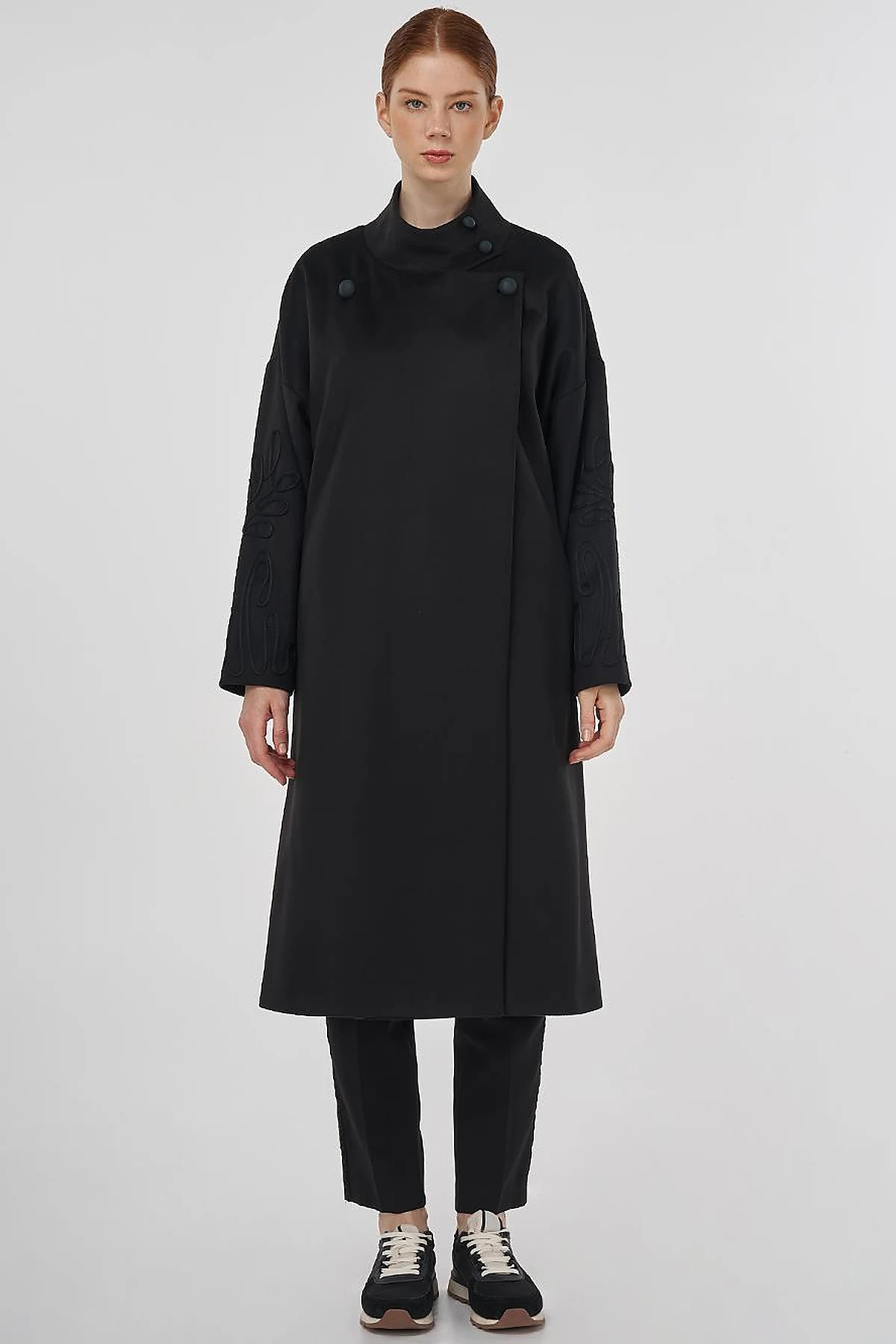Buttoned Stand Collar Wool Blend Coat Black 