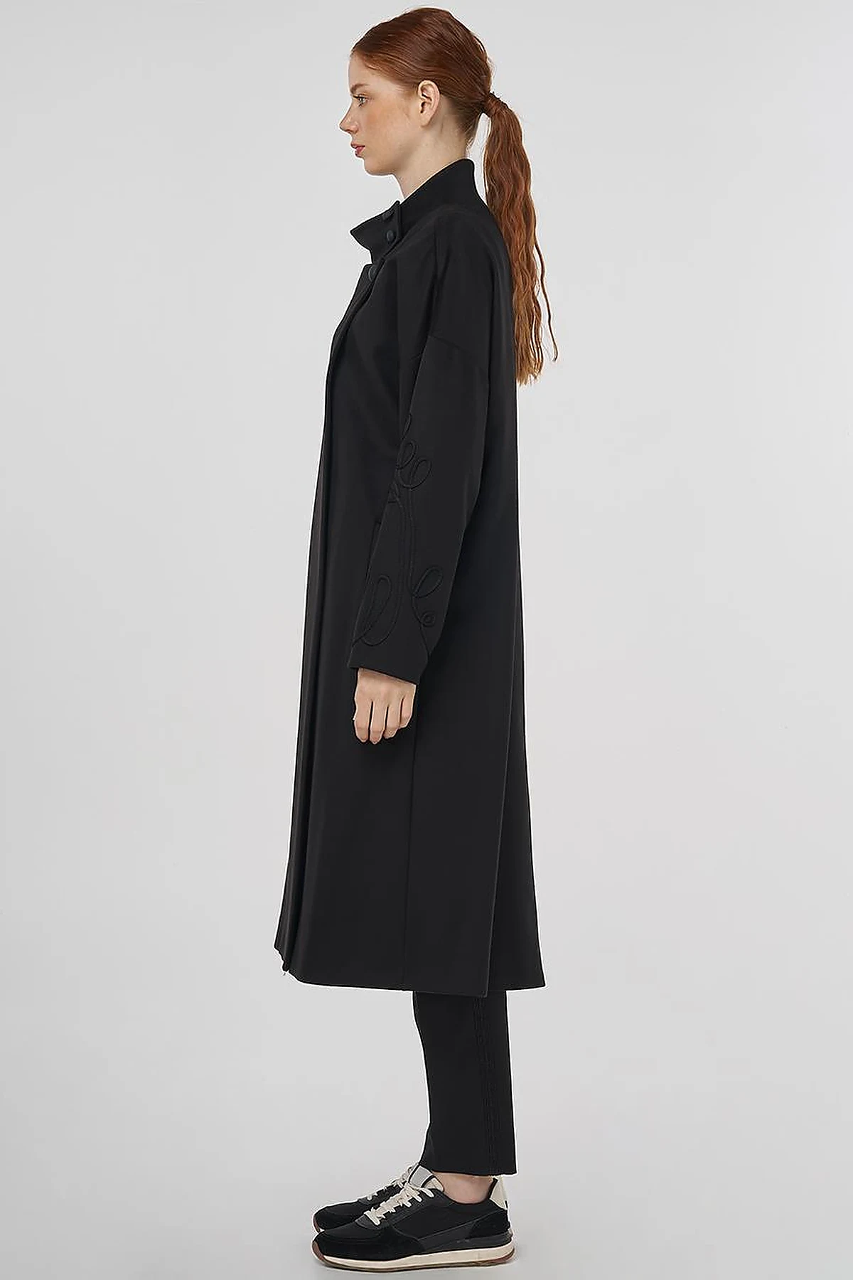 Buttoned Stand Collar Wool Blend Coat Black 
