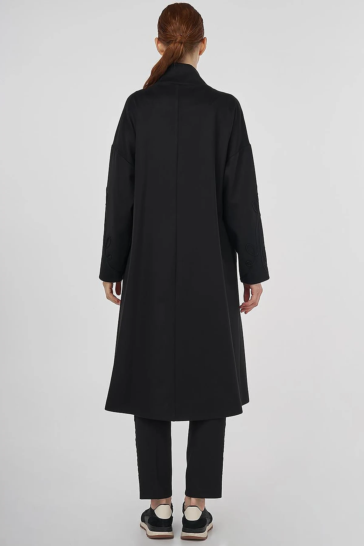 Buttoned Stand Collar Wool Blend Coat Black 