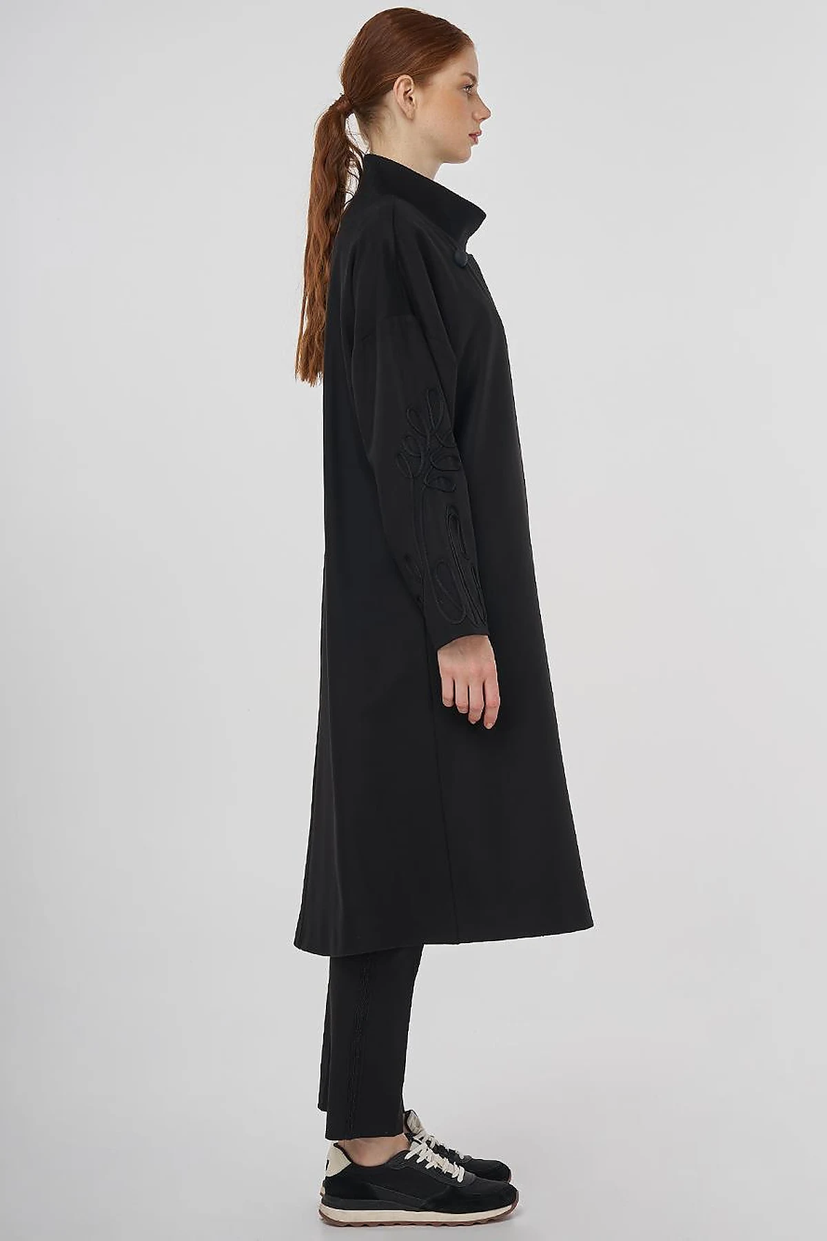 Buttoned Stand Collar Wool Blend Coat Black 
