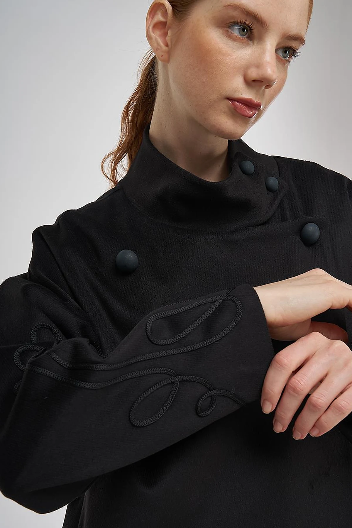 Buttoned Stand Collar Wool Blend Coat Black 
