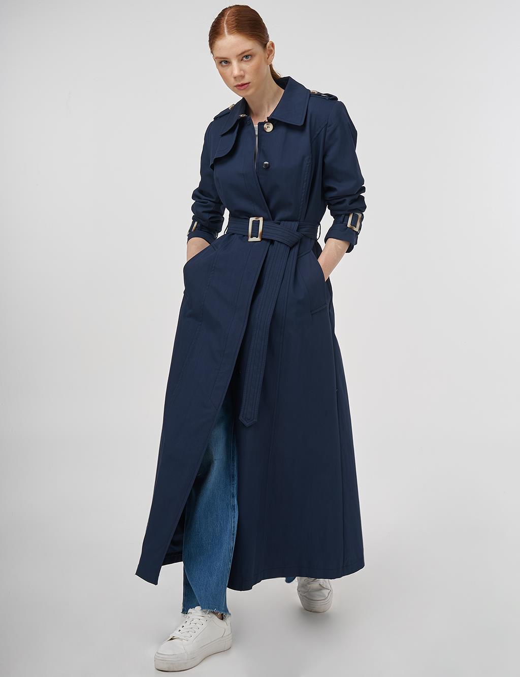 Shirt Collar Trench Coat Dark Navy Blue