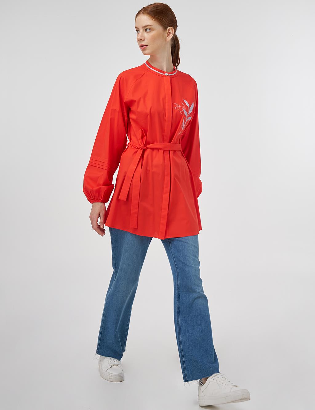 Ribbed Detailed Cotton Tunic Coral
