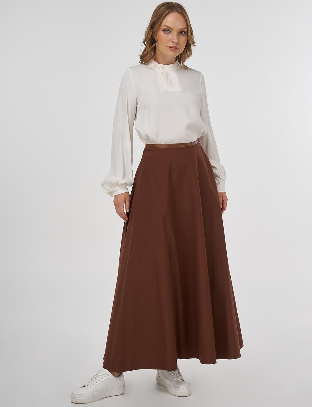 Piped Detail Flared Skirt Brown