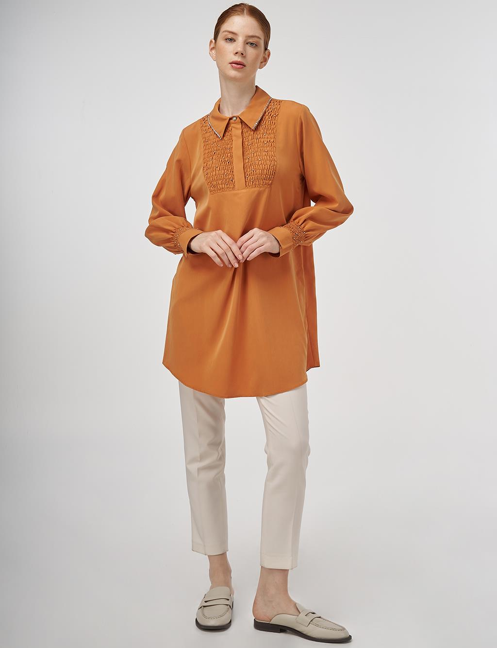 Stone-Embellished Shirt Collar Natural Fabric Tunic in Amber