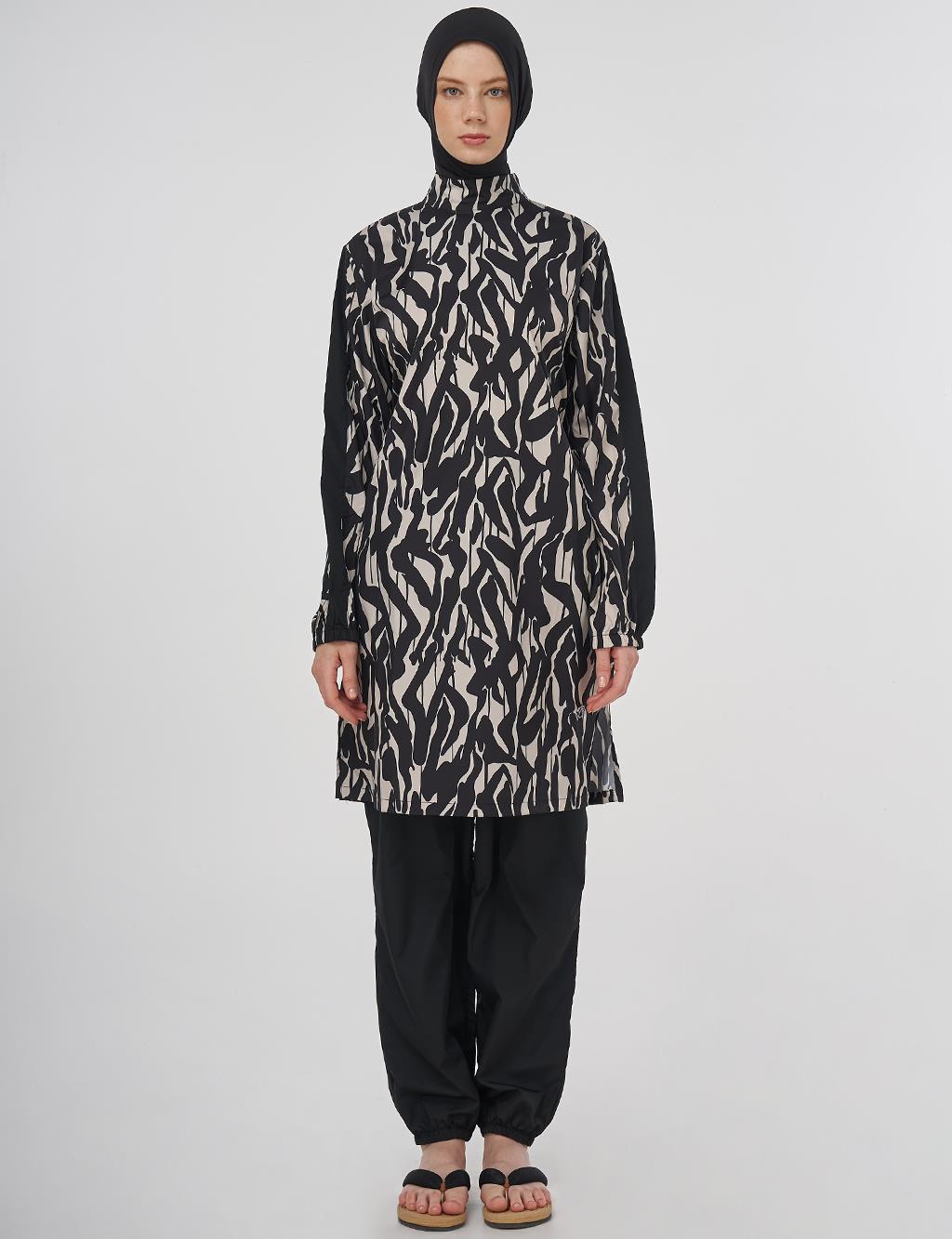 Abstract Pattern Hijab Swimsuit Black