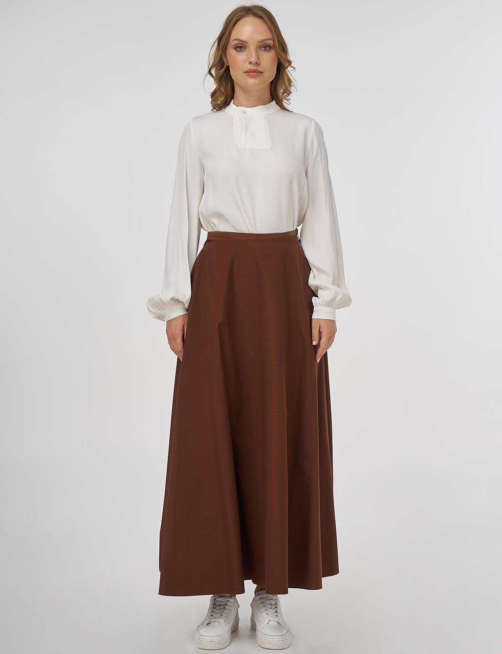 Piped Detail Flared Skirt Brown