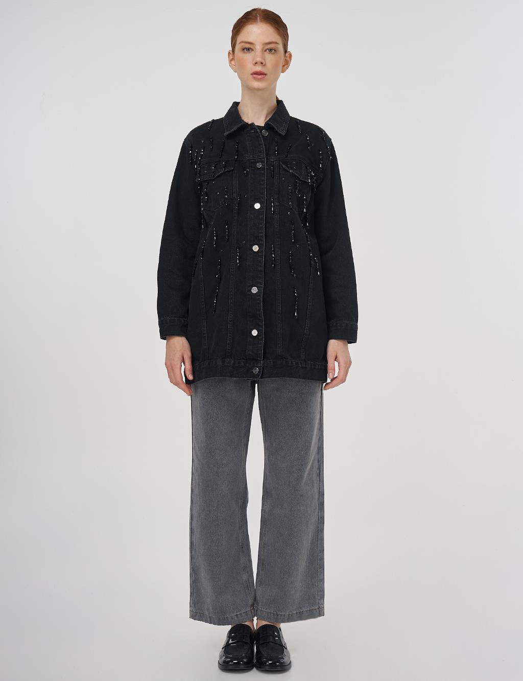 Bead Embroidered Denim Jacket in Black