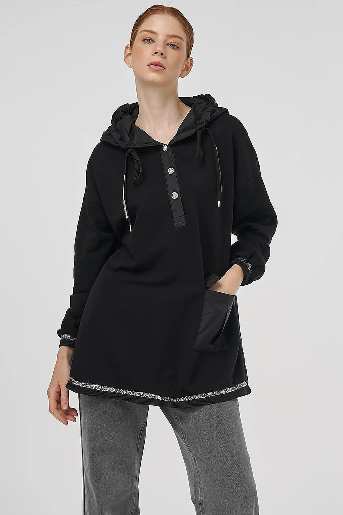 Shiny Stone Fabric Trimmed 3-Piece Sweatshirt Black