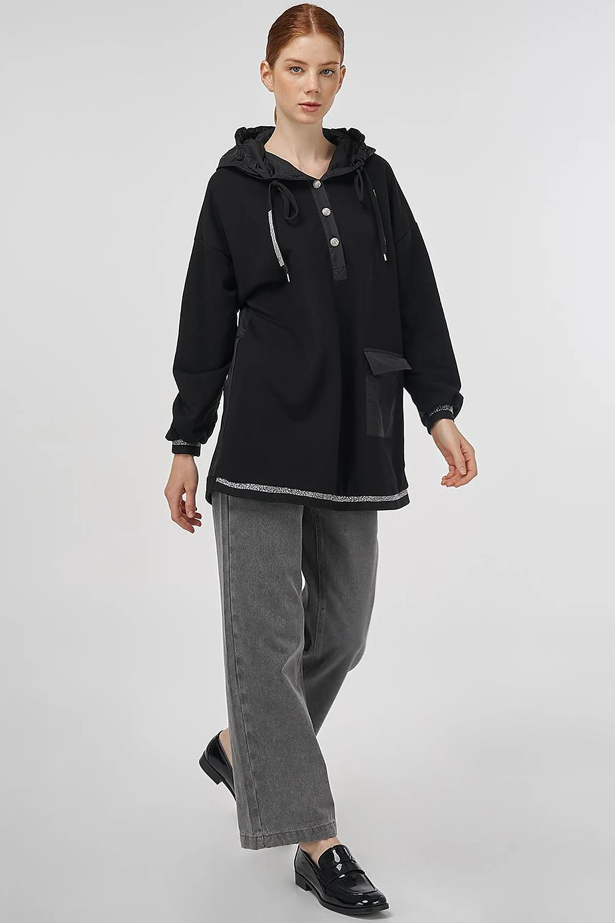 Shiny Stone Fabric Trimmed 3-Piece Sweatshirt Black