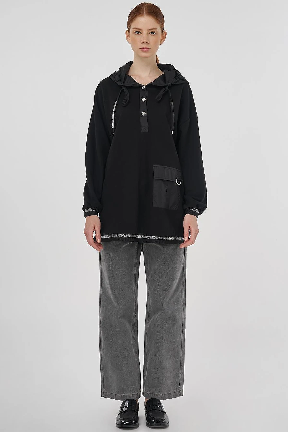Shiny Stone Fabric Trimmed 3-Piece Sweatshirt Black