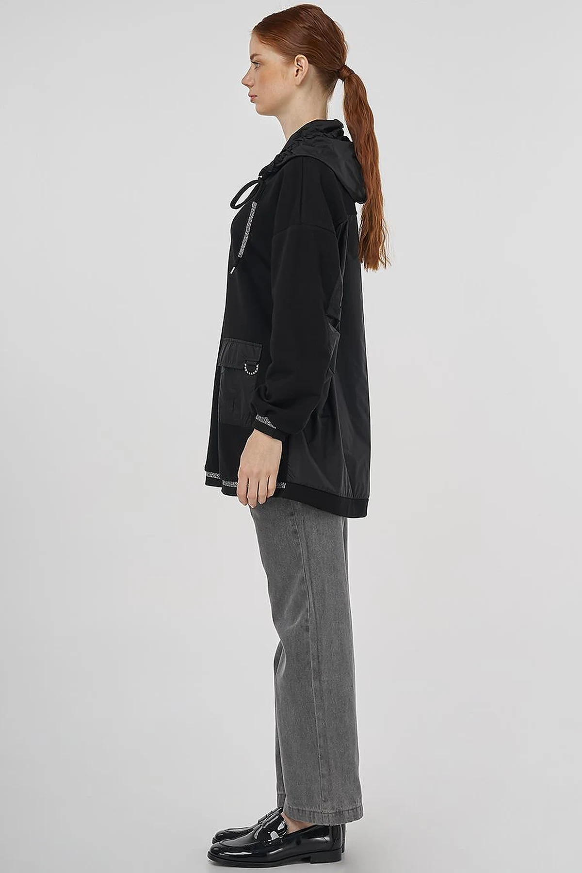 Shiny Stone Fabric Trimmed 3-Piece Sweatshirt Black