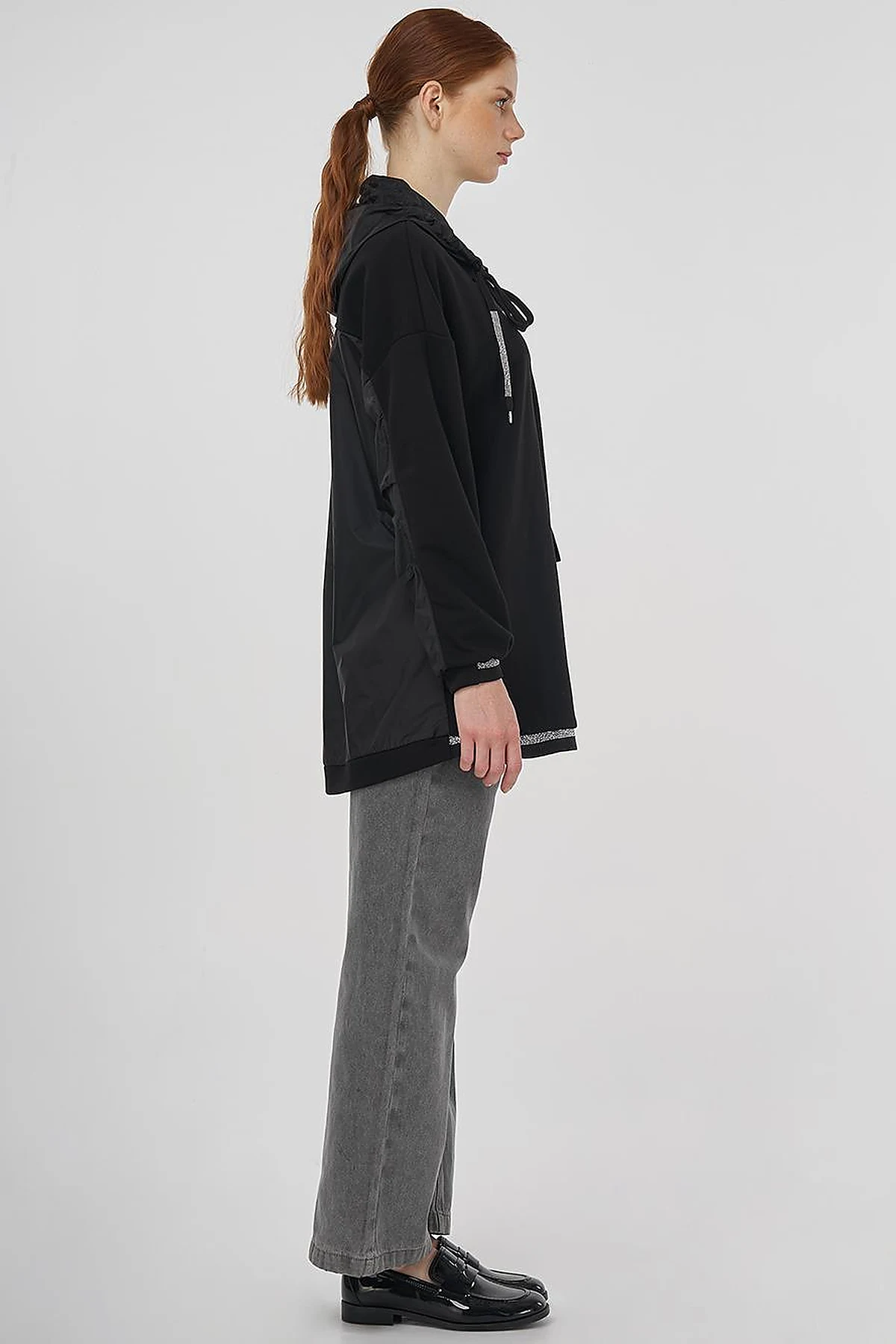 Shiny Stone Fabric Trimmed 3-Piece Sweatshirt Black