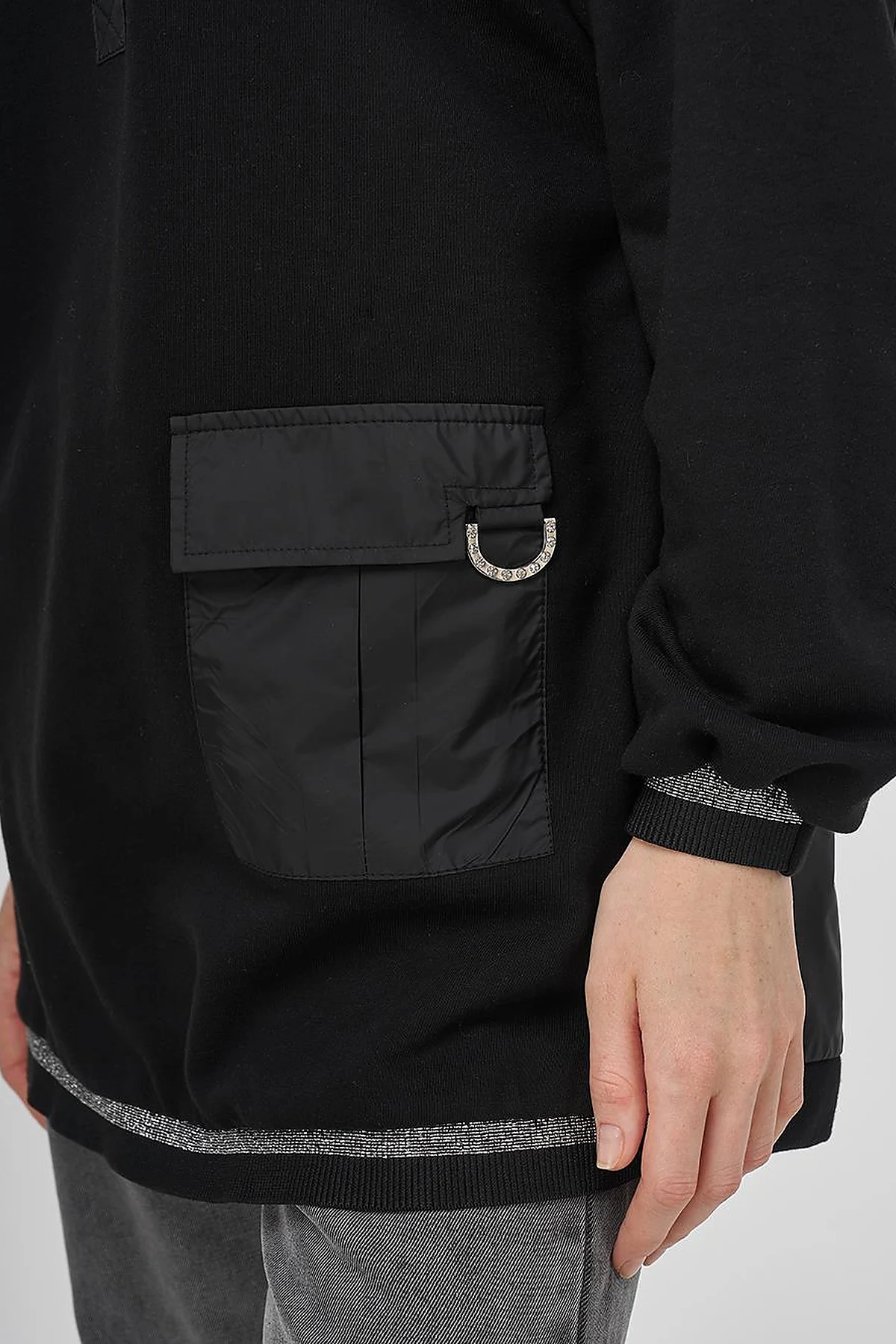 Shiny Stone Fabric Trimmed 3-Piece Sweatshirt Black