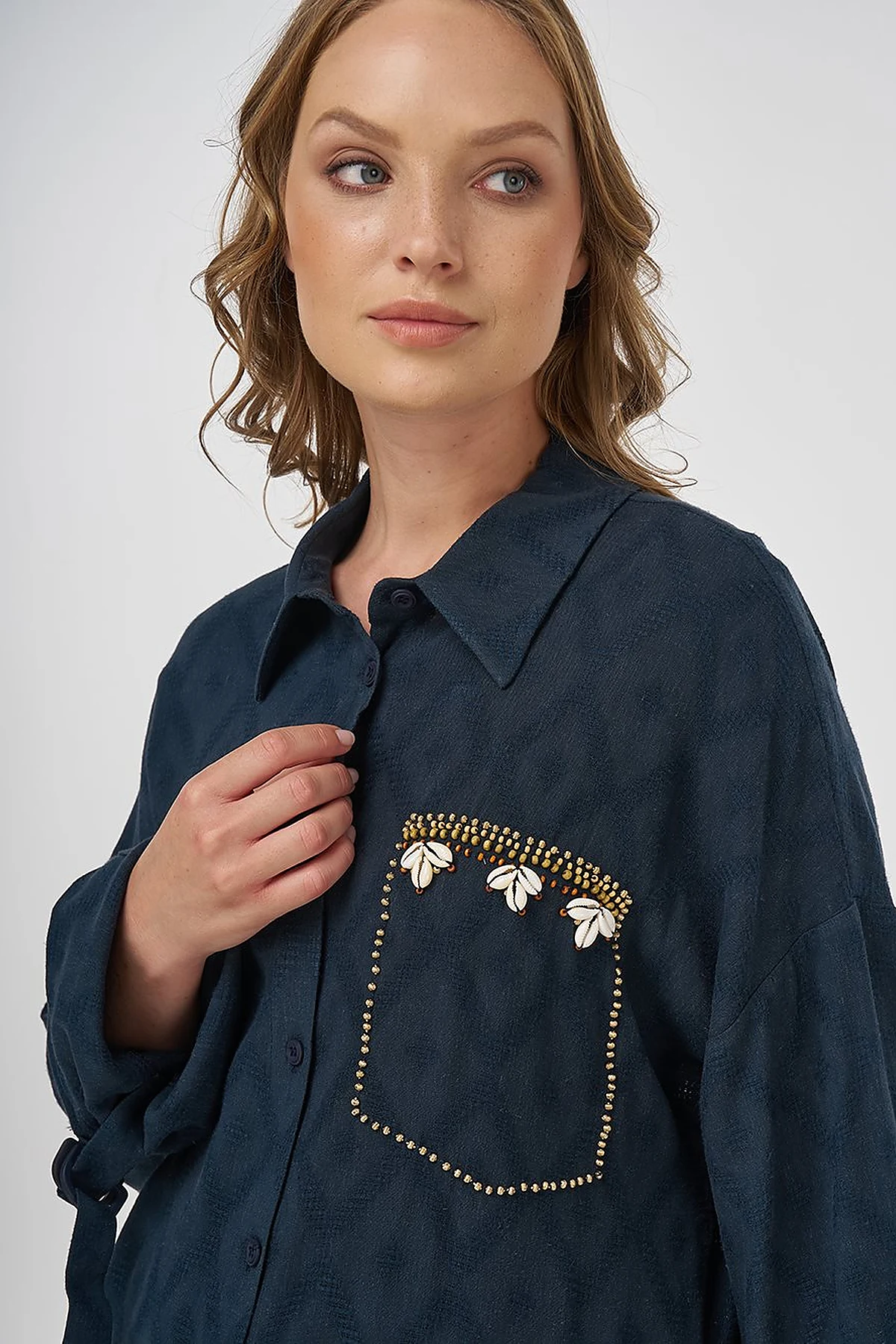 Processing Detailed Linen Viscose Tunic Navy 