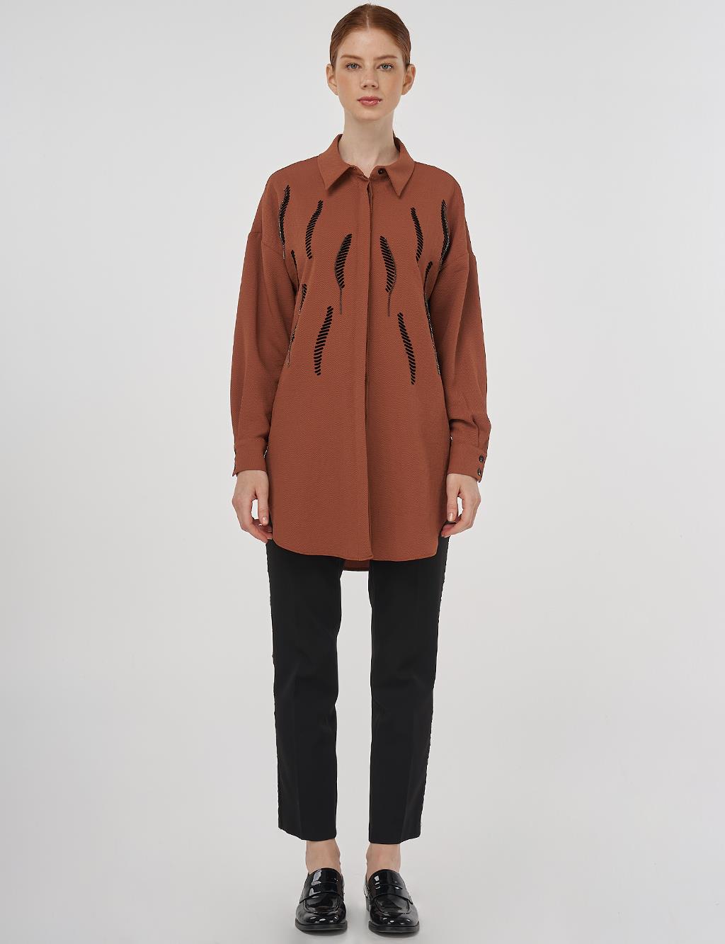 Stripe Detailed Shirt Collar Tunic Tobacco
