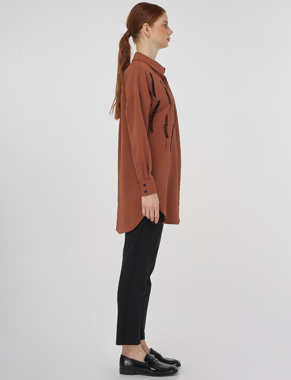 Stripe Detailed Shirt Collar Tunic Tobacco