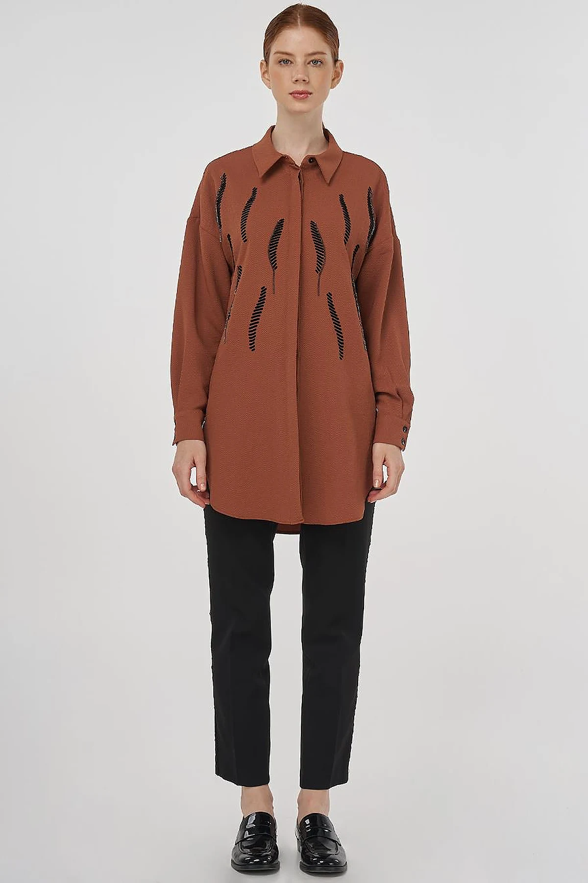Stripe Detailed Shirt Collar Tunic Tobacco