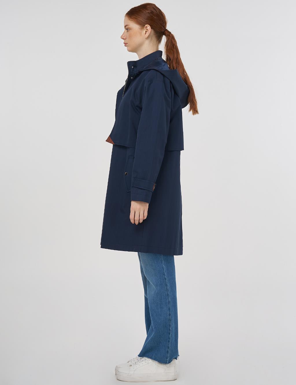 Stand Collar Coat with Pocket Detail Dark Navy 
