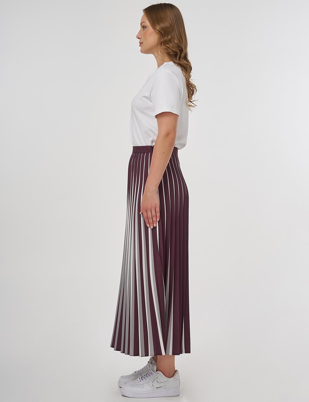 Stripe Print Detailed Pleated Skirt Claret Red-Grey