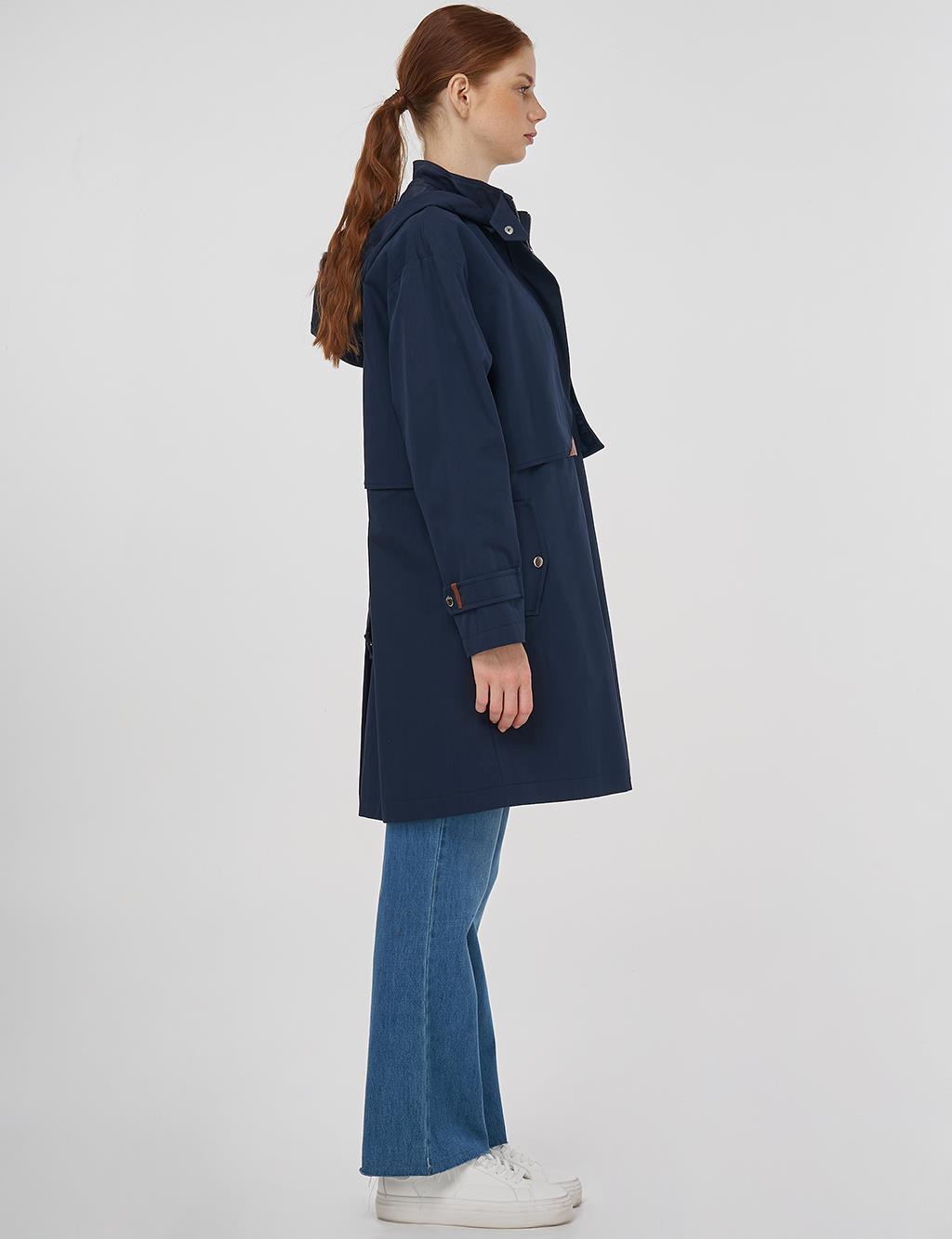 Stand Collar Coat with Pocket Detail Dark Navy 