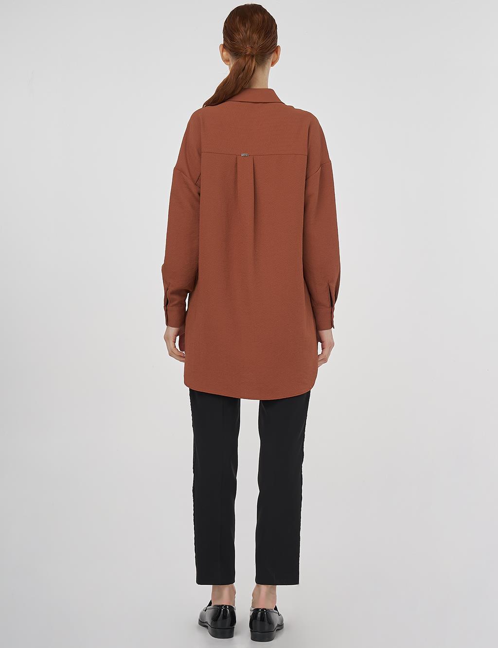 Stripe Detailed Shirt Collar Tunic Tobacco