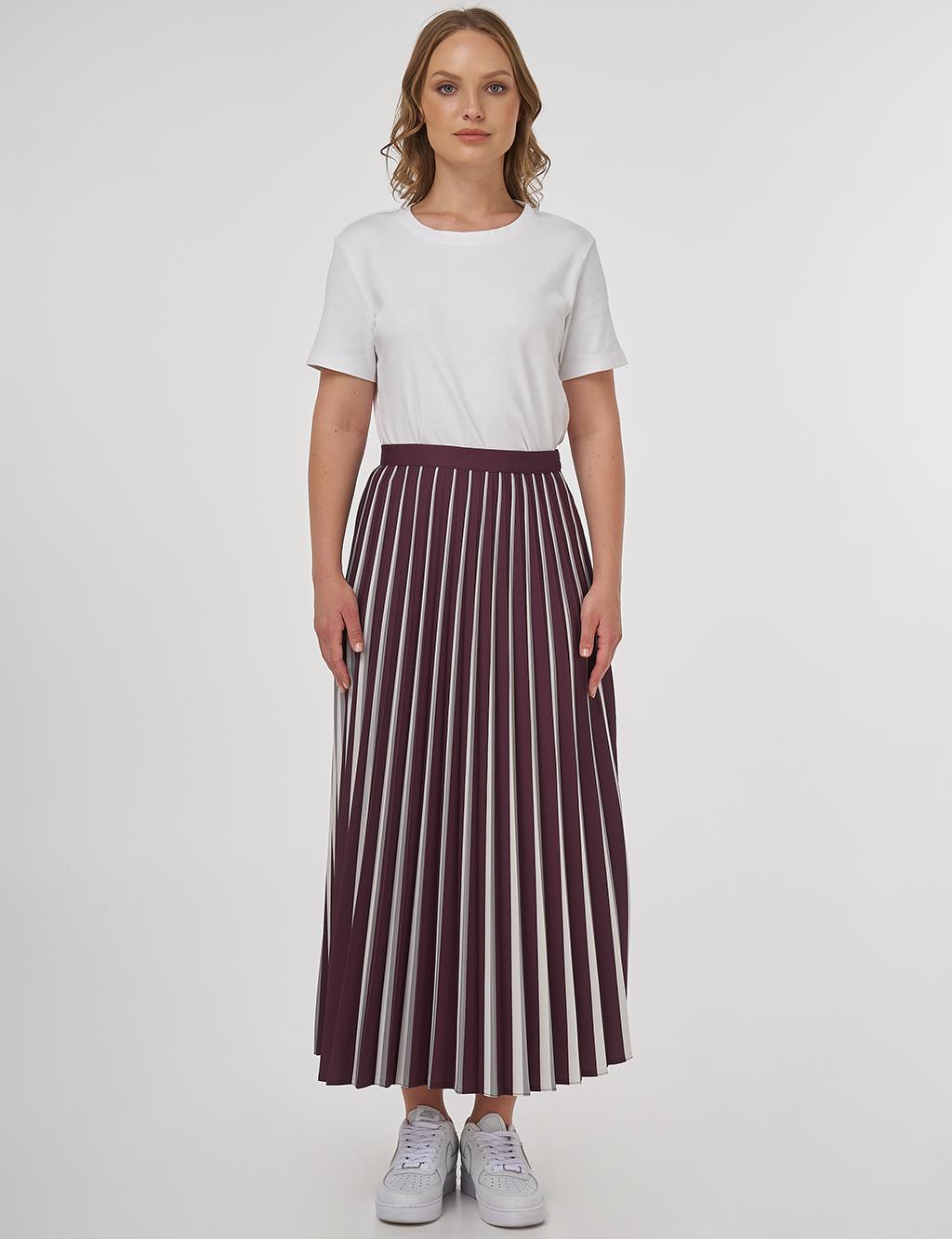 Stripe Print Detailed Pleated Skirt Claret Red-Grey