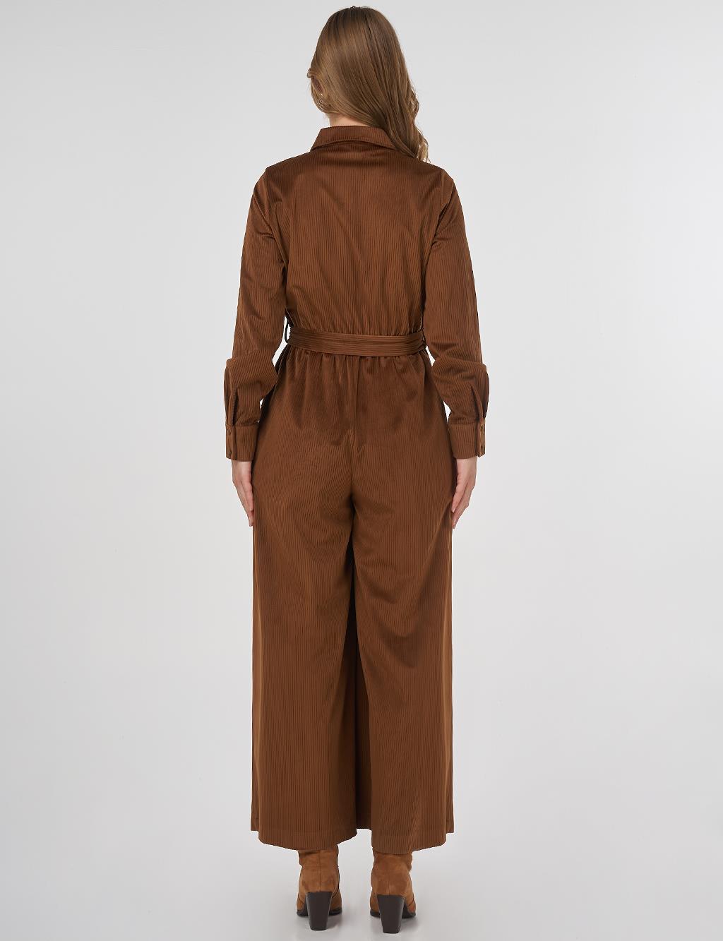 Kuşaklı Kadife Tulum Camel