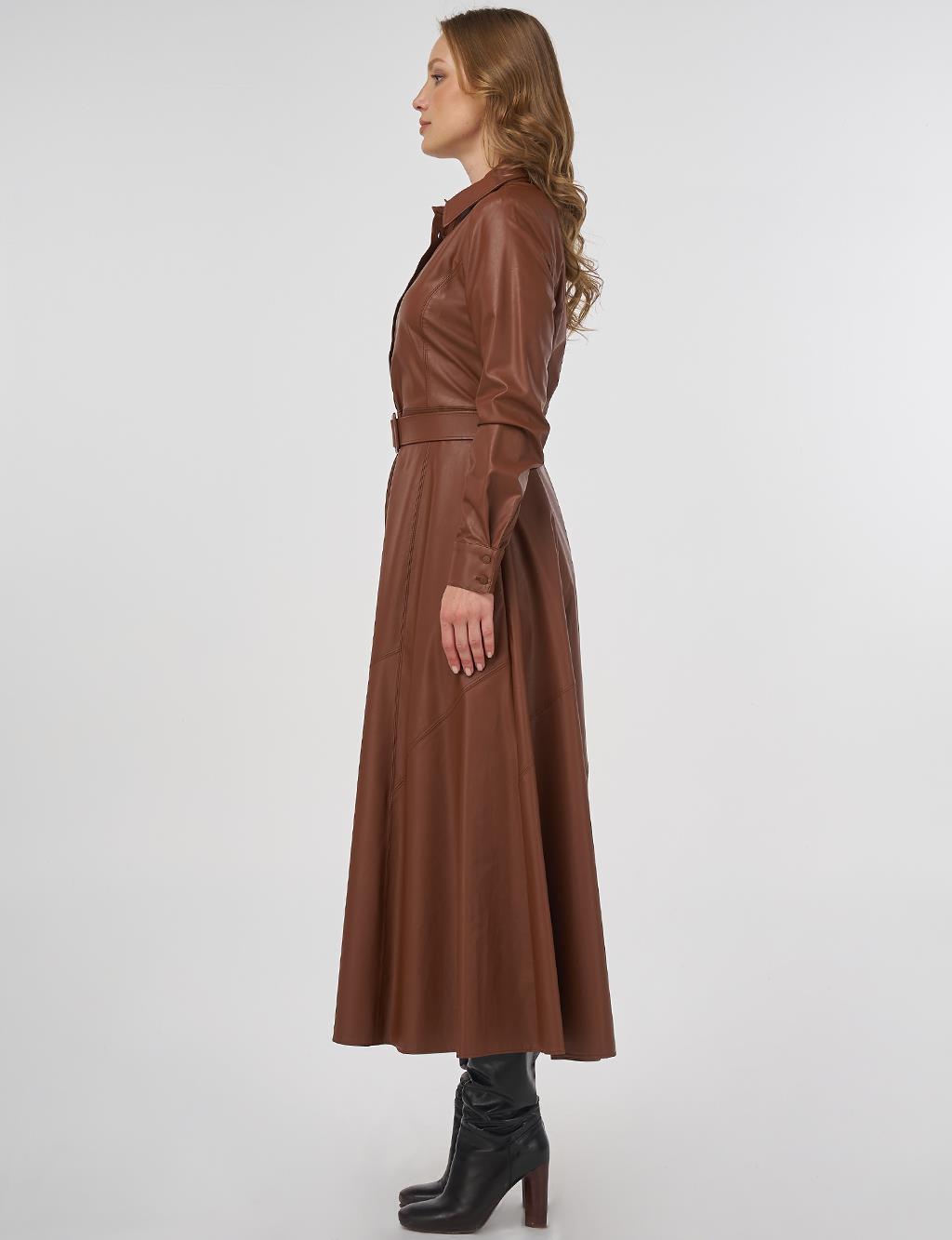 Stitched Detail Faux Leather Dress Tan