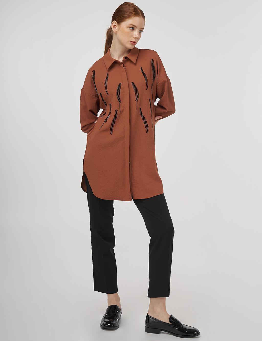 Stripe Detailed Shirt Collar Tunic Tobacco