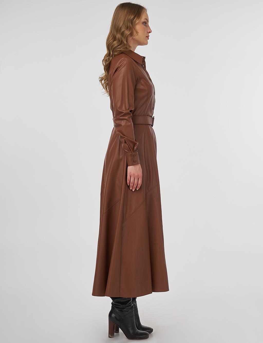 Stitched Detail Faux Leather Dress Tan