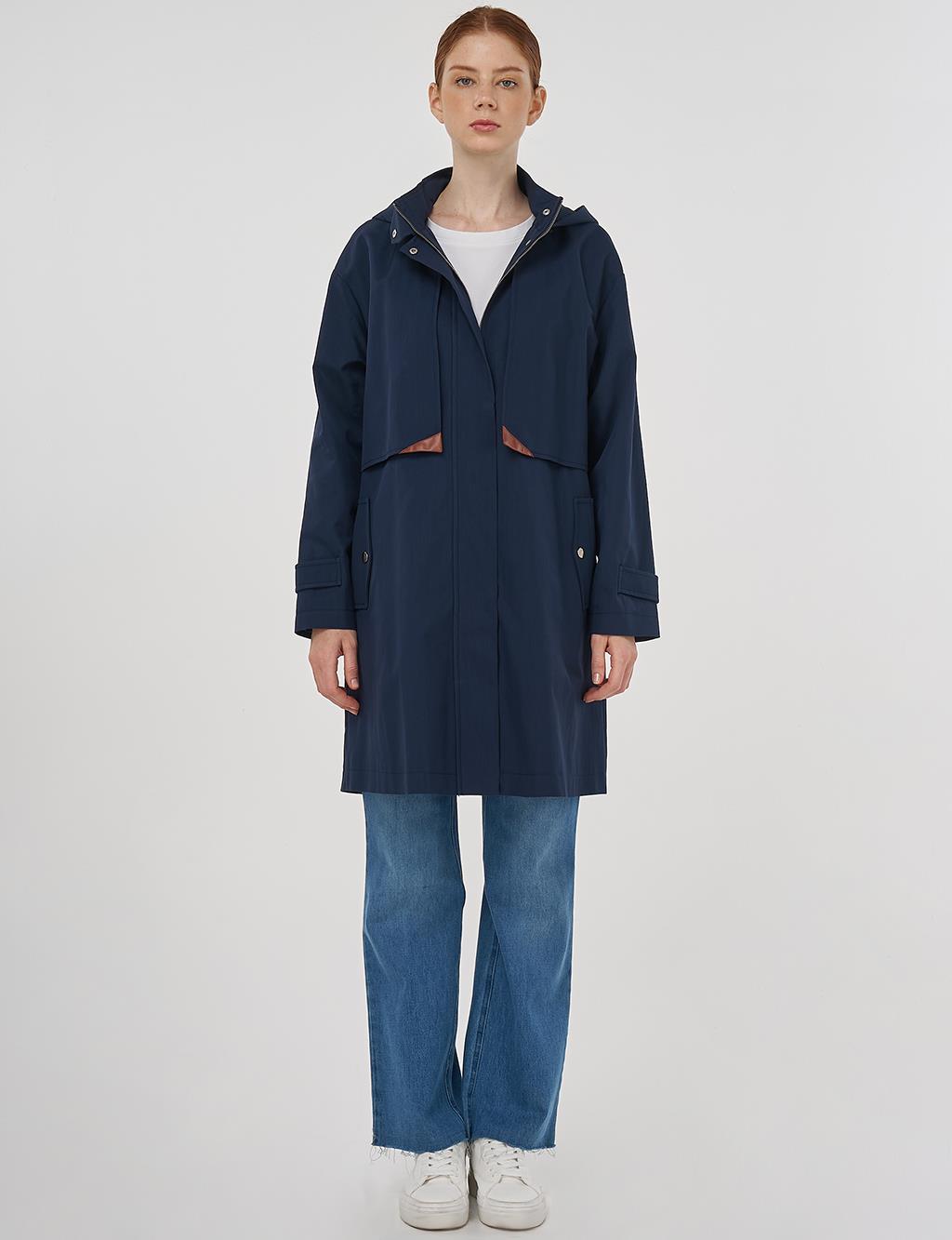Stand Collar Coat with Pocket Detail Dark Navy 